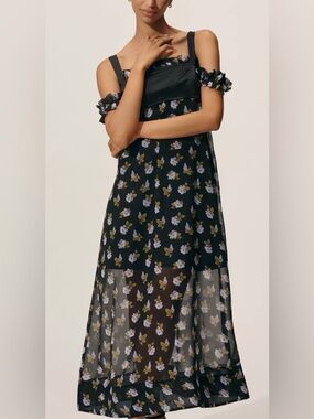 Maeve Black Bodice Maxi Sheer Dress with Lilac Floral Print NWT Size Large